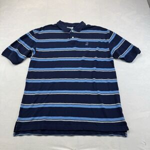 Y2K Disney World Mens M Navy Blue Striped Polo Shirt Mickey Logo
